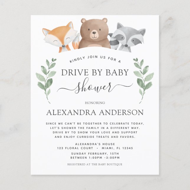 Budget Drive By Baby Shower Woodland Eucalyptus (Front)