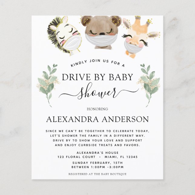 Budget Drive By Baby Shower Woodland Eucalyptus Flyer (Front)