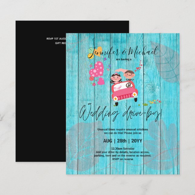 Budget Drive-BY Wedding Invites -Cartoon Couple (Front/Back)