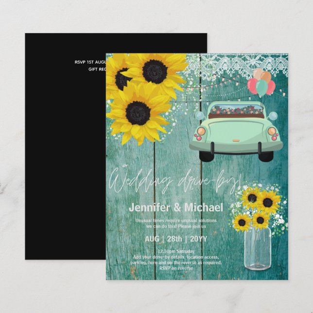 Budget Drive-BY Wedding Invites -Cartoon Couple (Front/Back)