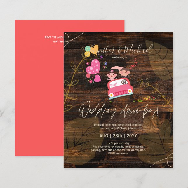 Budget Drive-BY Wedding Invites -Cartoon Couple (Front/Back)