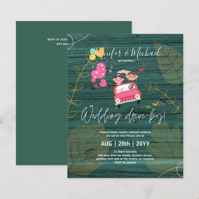 Budget Drive-BY Wedding Invites -Cartoon Couple (Front/Back)