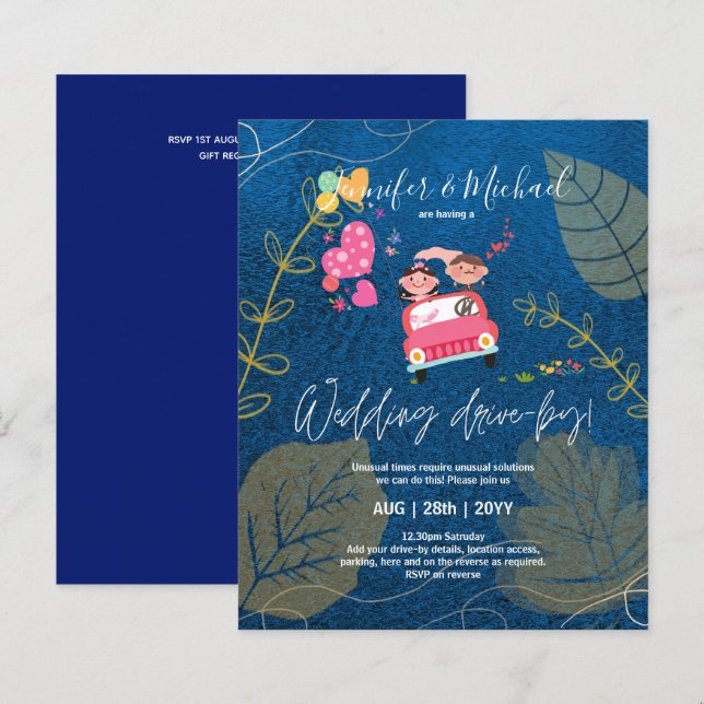 Budget Drive-BY Wedding Invites -Cartoon Couple (Front/Back)