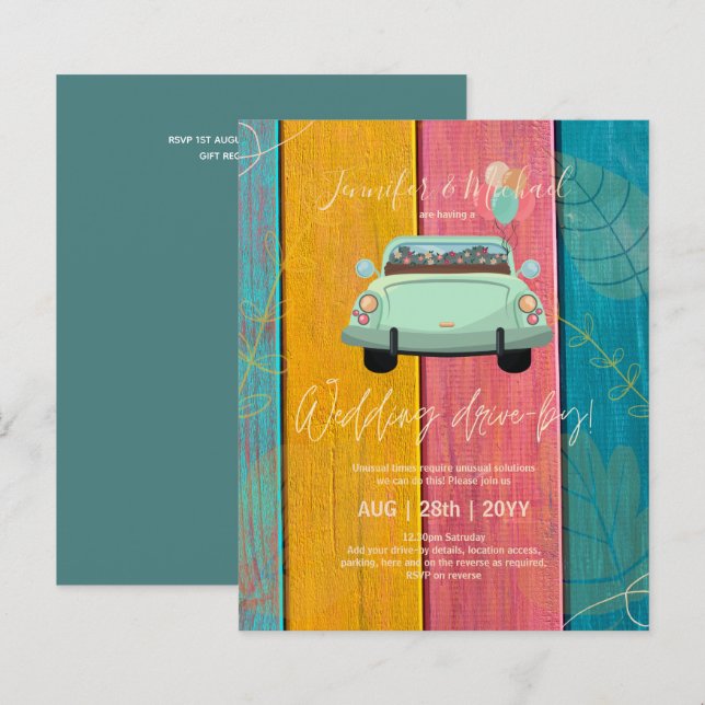 Budget Drive-BY Wedding Invites -Cartoon Couple (Front/Back)