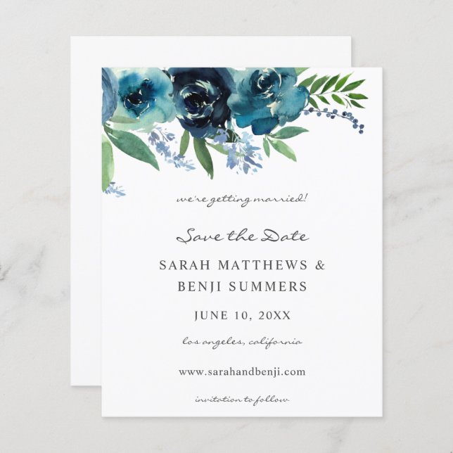 Budget Dusty Blue 2 Floral Save the Date 2 (Front/Back)