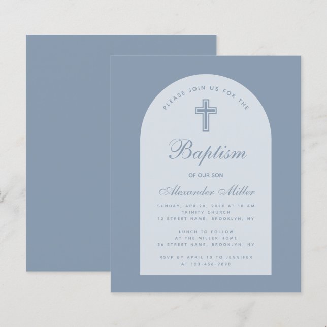 Budget Dusty Blue Arch Boy Baptism Invitation (Front/Back)
