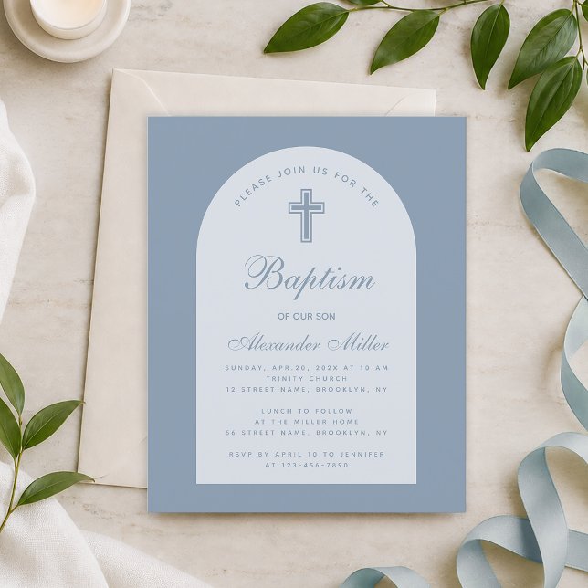 Budget Dusty Blue Arch Boy Baptism Invitation (Creator Uploaded)
