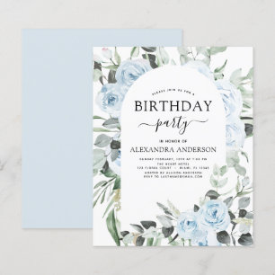 Budget Dusty Blue Birthday Party Floral Invitation