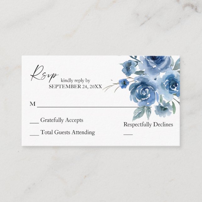 Budget Dusty Blue & Blue Floral 2SM No Meal RSVP Enclosure Card (Front)