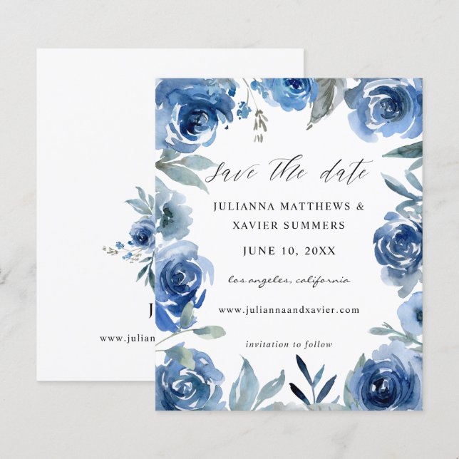 Budget Dusty Blue & Blue Floral Save the Date (Front/Back)