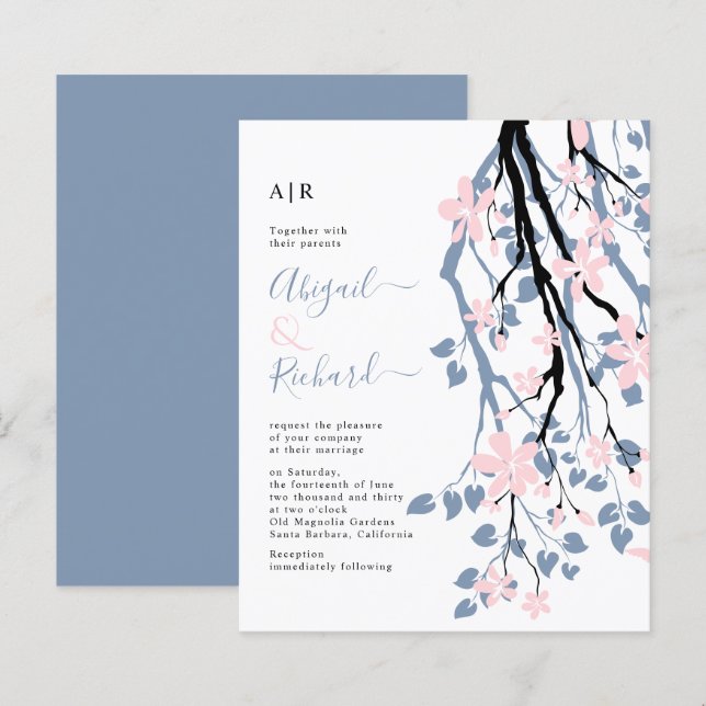 BUDGET Dusty blue, blush floral wedding invitation (Front/Back)