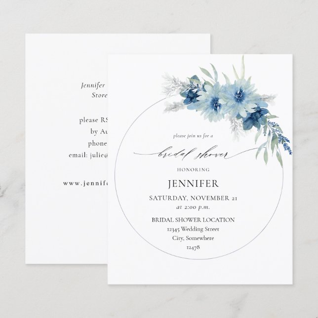 Budget Dusty Blue Boho Floral Ring Bridal Shower (Front/Back)