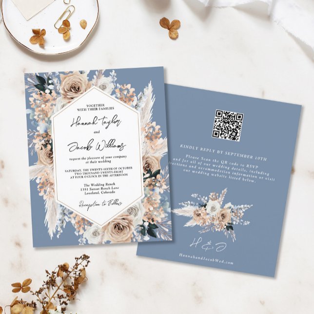 Budget Dusty Blue Boho Wedding QR Code RSVP Invite (Creator Uploaded)