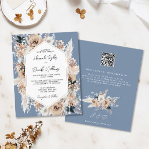 Budget Dusty Blue Boho Wedding QR Code RSVP Invite