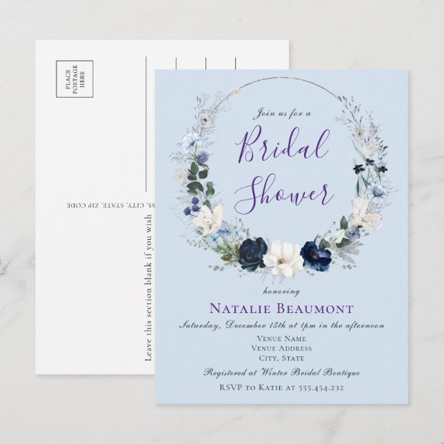 Budget Dusty Blue Botanical Floral Bridal Shower Invitation Postcard (Front/Back)