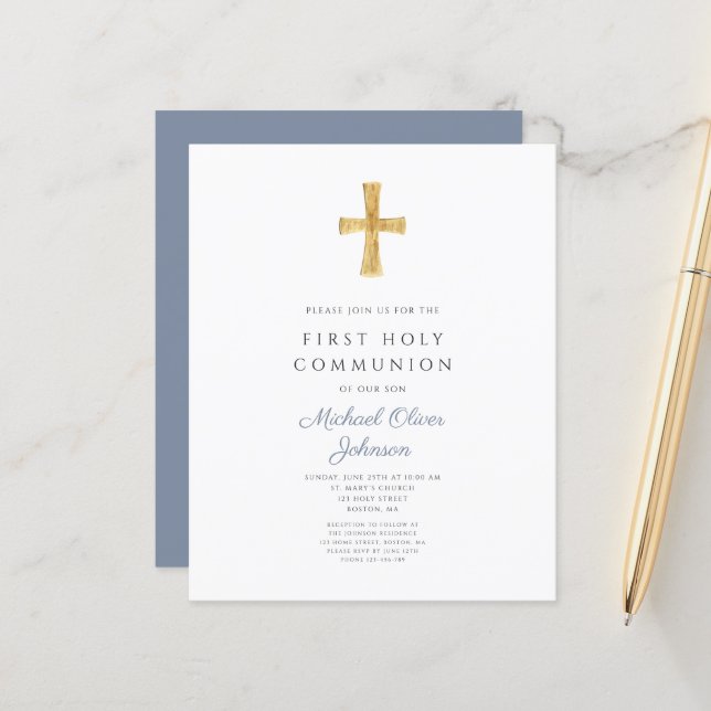 Budget Dusty Blue Boy First Communion Invitation (Front/Back In Situ)