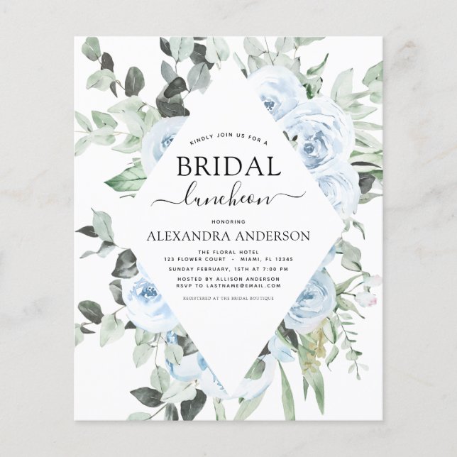 Budget Dusty Blue Bridal Shower Luncheon Flyer (Front)