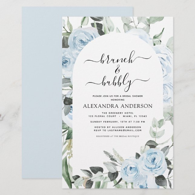 Budget Dusty Blue Brunch & Bubbly Bridal Shower (Front/Back)