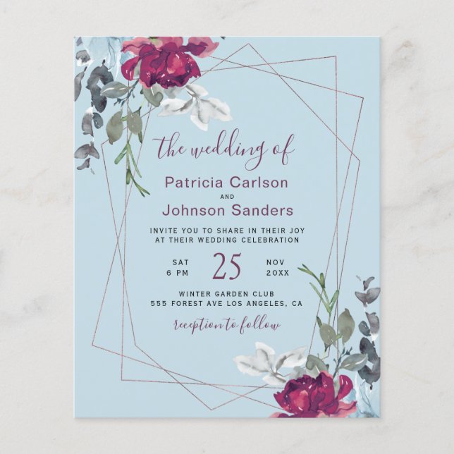 Budget dusty blue burgundy chic wedding invitation (Front)