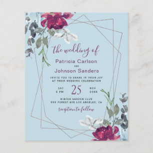 Budget dusty blue burgundy chic wedding invitation