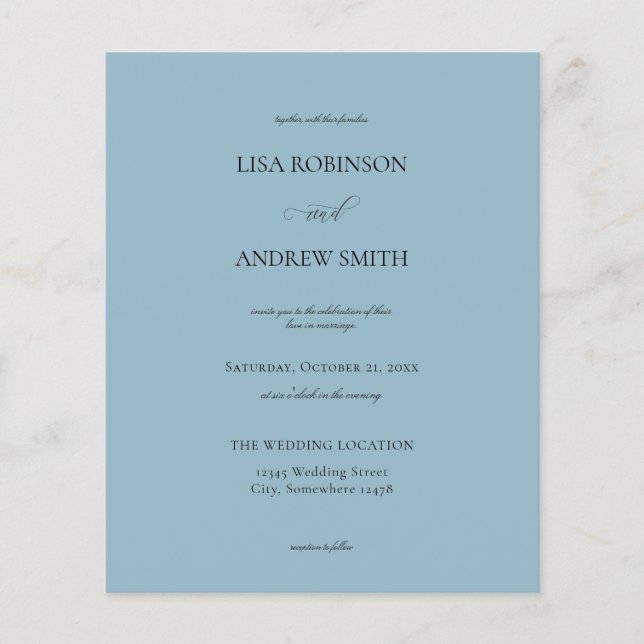 Budget Dusty Blue Calligraphy Wedding Flyer (Front)