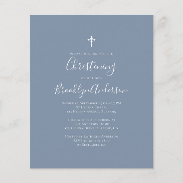 Budget Dusty Blue Christening Invitation (Front)
