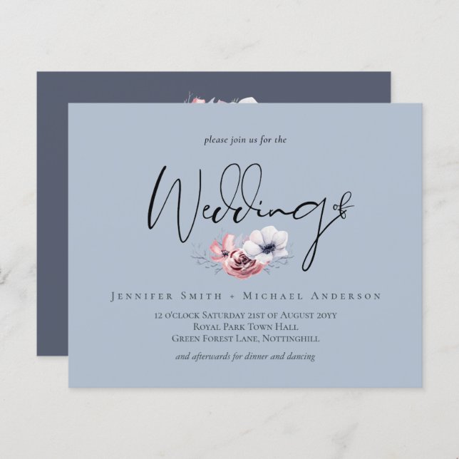 Budget Dusty Blue Coral Floral Wedding Invite (Front/Back)