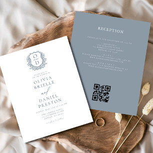 Budget Dusty Blue Crest Monogram Wedding QR Code