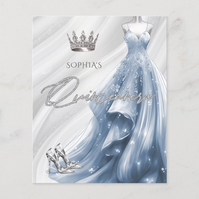 Budget Dusty Blue Dress Quinceañera Invitation (Front)