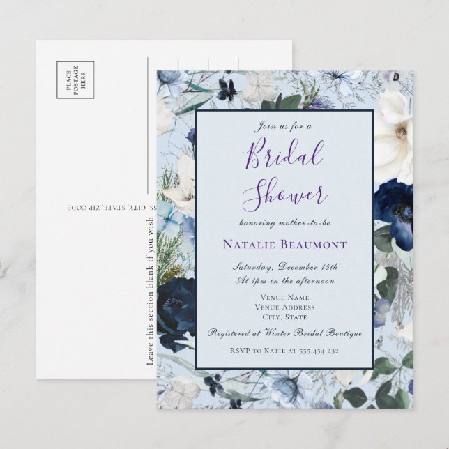 Budget Dusty Blue Elegant Floral Bridal Shower Invitation Postcard (Front/Back)