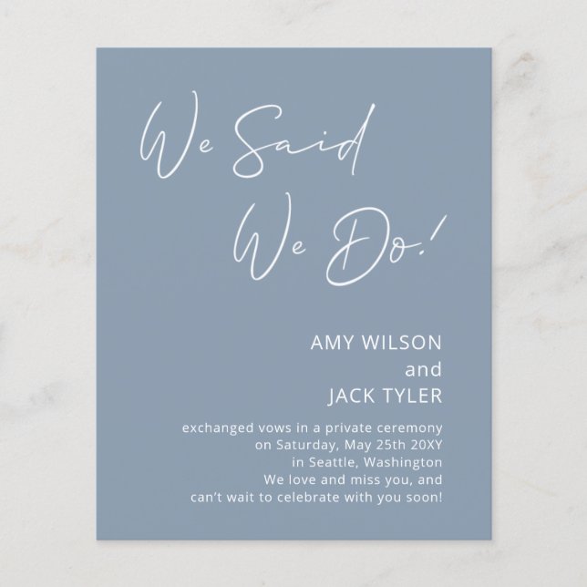 Budget Dusty Blue Elopement Announcement  (Front)