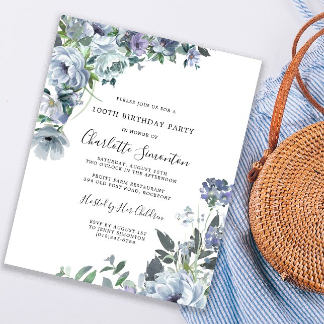 Budget Dusty Blue Floral 100th Birthday Invitation (Creator Uploaded)