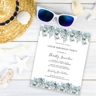 Budget Dusty Blue Floral 100th Birthday Invitation