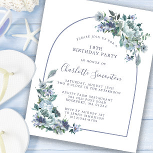Budget Dusty Blue Floral 19th Birthday Invitation