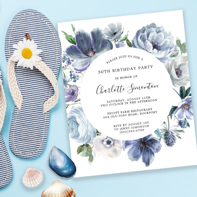 Budget Dusty Blue Floral 30th Birthday Invitation (Creator Uploaded)