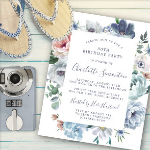Budget Dusty Blue Floral 30th Birthday Invitation