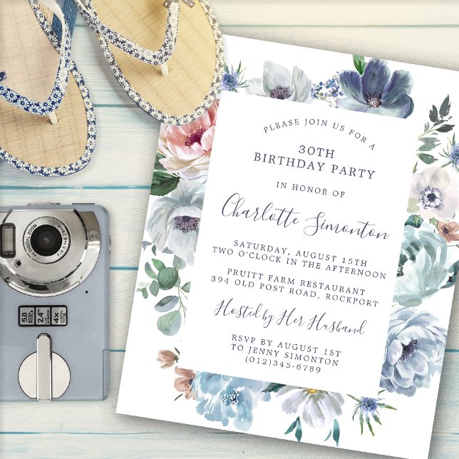 Budget Dusty Blue Floral 30th Birthday Invitation (Creator Uploaded)