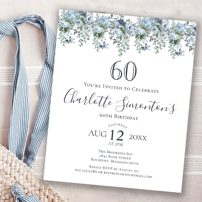 Budget Dusty Blue Floral 60th Birthday Invitation (Creator Uploaded)