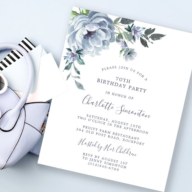 Budget Dusty Blue Floral 70th Birthday Invitation (Creator Uploaded)