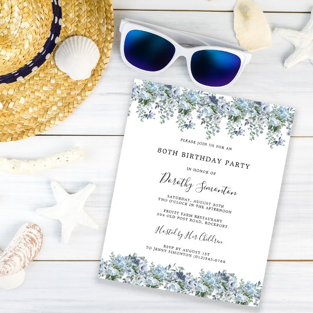 Budget Dusty Blue Floral 80th Birthday Invitation (Creator Uploaded)