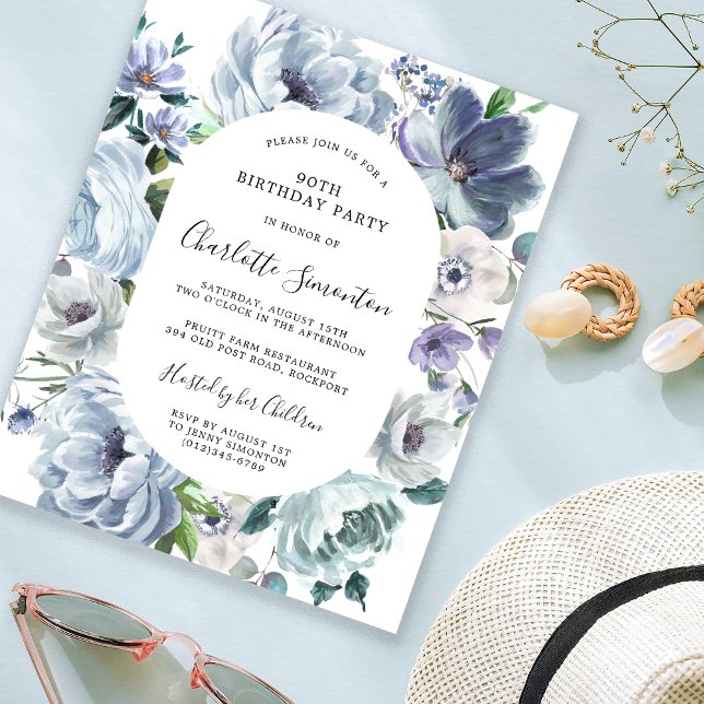 Budget Dusty Blue Floral 90th Birthday Invitation (Creator Uploaded)