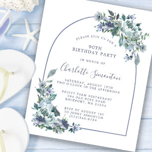 Budget Dusty Blue Floral 90th Birthday Invitation