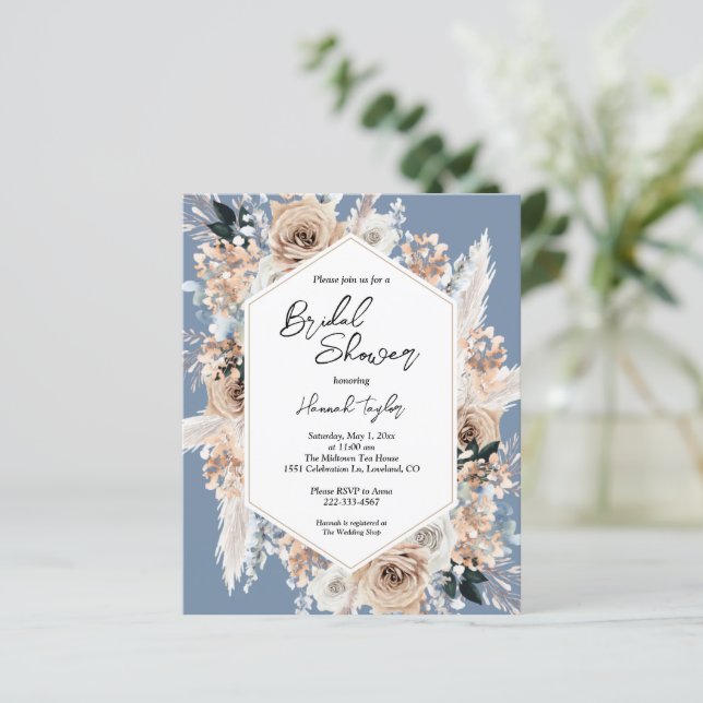 Budget Dusty Blue Floral Boho Bridal Shower Invite (Standing Front)