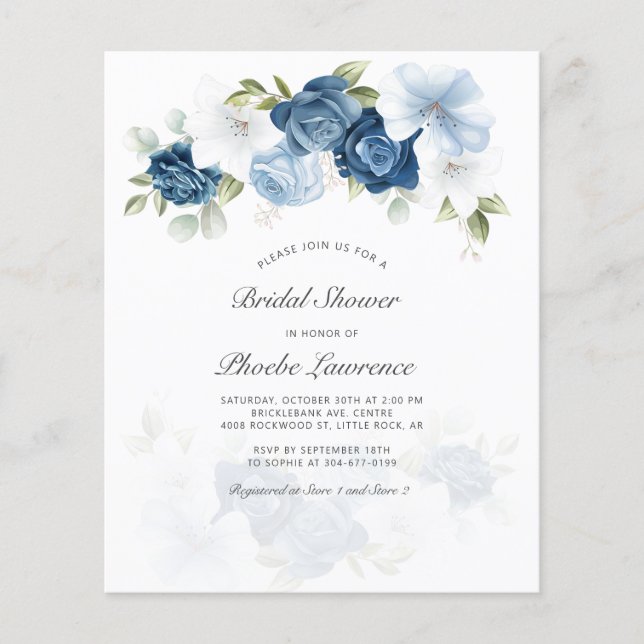 Budget Dusty Blue Floral Bridal Shower Invitation (Front)