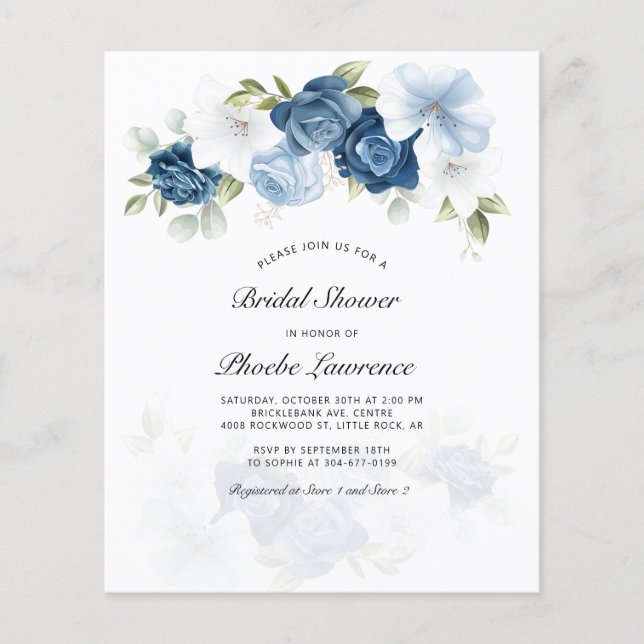 Budget Dusty Blue Floral Bridal Shower Invitation (Front)