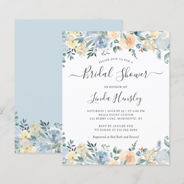 Budget Dusty Blue Floral Bridal Shower Invitation (Front/Back)