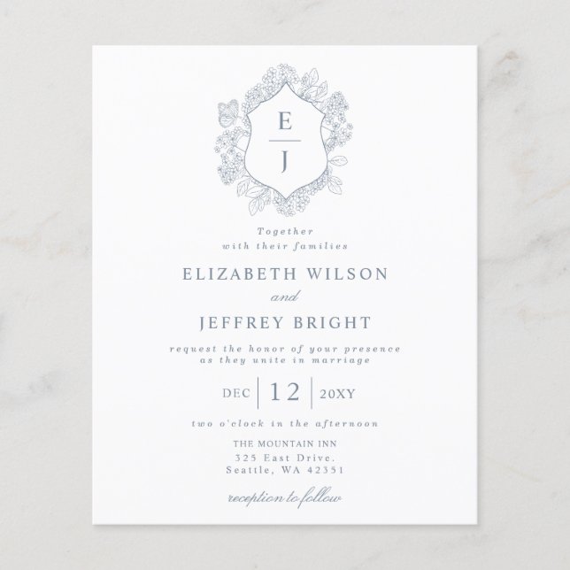 Budget Dusty Blue Floral Crest Monogram Invitation (Front)