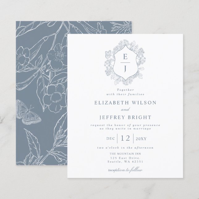 Budget Dusty Blue Floral Crest Monogram Invitation (Front/Back)