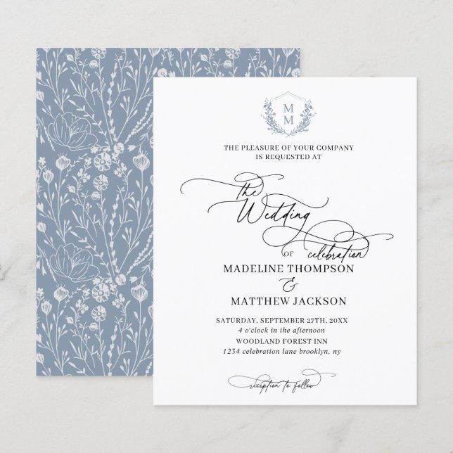 Budget Dusty Blue Floral Crest Monogram Wedding (Front/Back)