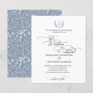 Budget Dusty Blue Floral Crest Monogram Wedding